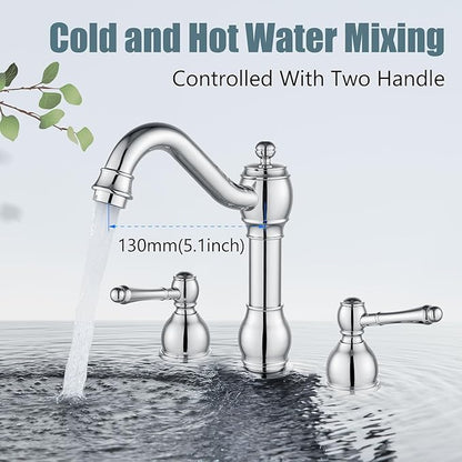 Aolemi 8 Inch Widespread Bathroom Sink Faucet 3 Hole Deck Mount Vanity Basin Mixer Tap with Pop Up Drain Assembly Polish Chrome Double Lever Handle