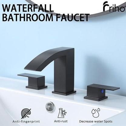 Friho Matte Black Bathroom Faucets 3 Hole, 8 Inch Widespread 2 Handle Square Waterfall Bathroom Sink Faucets with Pop-up Drain and Supply Lines, Vanity Faucet Suitable for Lavatory Restroom RV