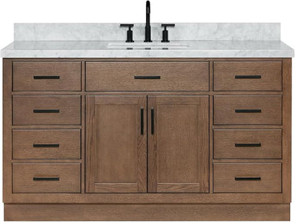 ARIEL Hepburn 60-inch Bathroom Vanity with Sink,Solid Wood, 1.5-inch Italian Carrara Marble Countertop, Single Rectangular Porcelain Sink, 2 Soft Closing Doors, 9 Dovetail Drawers, Brown Oak