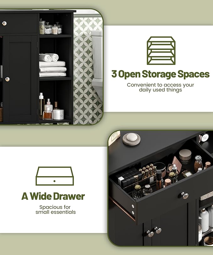 Black Bathroom Floor Cabinet with Large Drawer, Floor Storage Cabinet with Doors & Adjustable Shelves, Modern Storage Cupboard with 3 Open Shelves for Kitchen, Living Room, Entryway