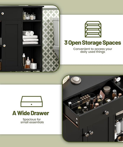 Black Bathroom Floor Cabinet with Large Drawer, Floor Storage Cabinet with Doors & Adjustable Shelves, Modern Storage Cupboard with 3 Open Shelves for Kitchen, Living Room, Entryway