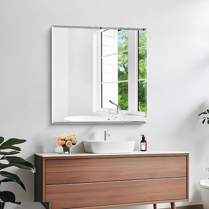 KOCUUY Beveled Mirror, 30x30 Inch Square Frameless Bathroom Mirror for Over Sink, Upgraded Shatterproof Beveled Unframed Design Mirror for Bathroom, Bedroom, Entryway, Hang Horizontal/Vertical