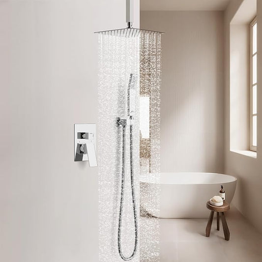 SunCleanse Rainfall Shower Faucet Set with High Pressure in Polished Chrome | Ceiling mounted shower combo set featuring a 10" square rain head, handheld spray, and rough-in mixer valve with trim.