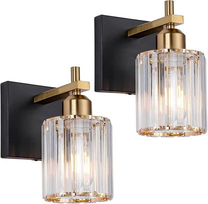 Black Gold Wall Sconces Set of 2: Modern Vanity Lights with Crystal Glass Shade, Bathroom Sconces Set of Two, Crystal Wall Light Fixtures for Bath Mirror Living Room Bedroom Hallway Kitchen, E26 Base
