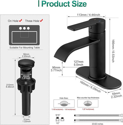 VOTON Matte Black Waterfall Bathroom Faucet, Single Handle 1 or 3 Hole Modern Sink Faucet with Deck Plate & Pop-Up Drain, RV Camper Washbasin Tap