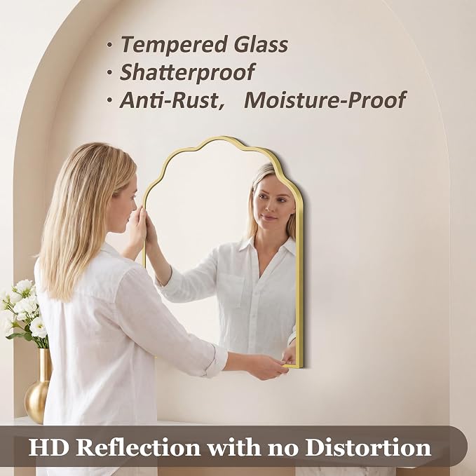 Gold Arched Mirror, 18×24Inch Scalloped Bathroom Mirror, Wavy Wall Mounted Vanity Mirror with Aluminum Alloy Frame for Livingroom Bedroom and Entryway, Tempered Glass