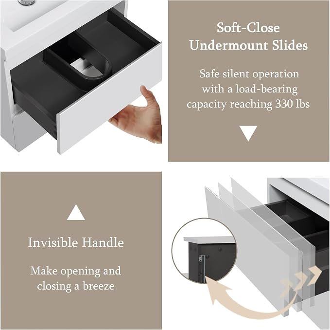 Floating Bathroom Vanity with Sink, 36" Wall-Mounted Bathroom Vanity | Resin Top Basin and Soft Close Drawers, No Assembly Required, Glossy White