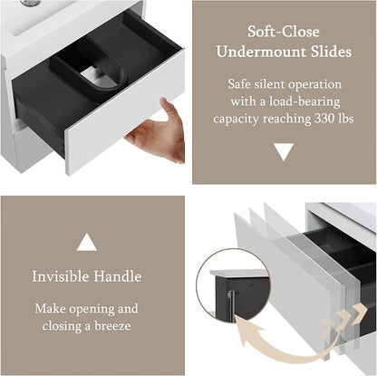 Floating Bathroom Vanity with Sink, 36" Wall-Mounted Bathroom Vanity | Resin Top Basin and Soft Close Drawers, No Assembly Required, Glossy White
