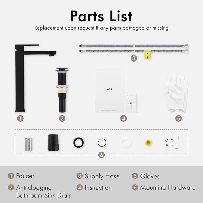 KES Vessel Sink Faucet and Drain Combo, Black Bathroom Faucets, Tall Faucets, All-Metal Pop Up Sink Drain NO Overflow, Matte Black, L3156BLFF12-BK-C2