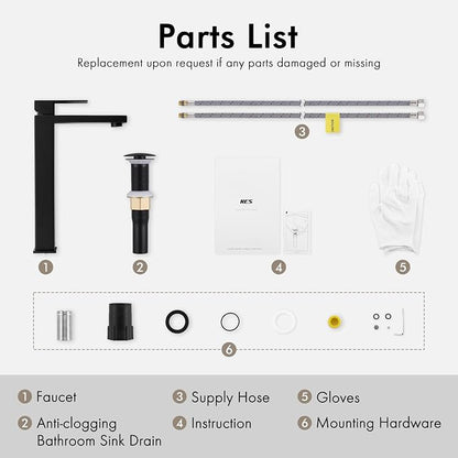 KES Vessel Sink Faucet and Drain Combo, Black Bathroom Faucets, Tall Faucets, All-Metal Pop Up Sink Drain NO Overflow, Matte Black, L3156BLFF12-BK-C2