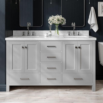 ARIEL Cambridge 60-inch Bathroom Vanity with Sink,Solid Wood, 1.5-inch Italian Carrara Marble Countertop, Double Rectangular Porcelain Sink, 4 Soft Closing Doors, 6 Dovetail Drawers, Grey