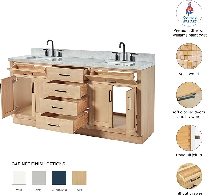 DKB Isabella 72" Oak Double Bathroom Vanity with Sink, 1.5" Carrara White Marble Countertop, Rectangle Undermount Sinks, 4 Soft Closing Doors, 6 Dovetail Drawers