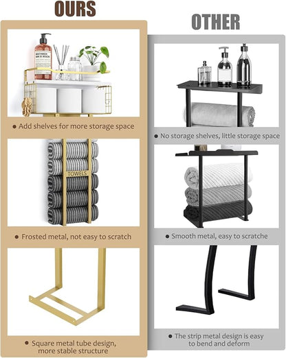 Aetyord Towel Racks for Bathroom - Wall Mounted Metal Rack with Wood Plank, Bathroom Storage Organizer, Towel Holder Stores 6 Large Rolled Towels Easily, Gold and Size XL 31"