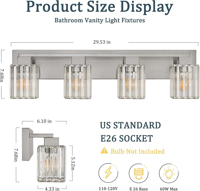 Brushed Nickel Bathroom Light Fixtures, 4-Light Vanity Light Over Mirror | Wall Sconces with Square Crystal Shades, E26 Socket, Modern Vanity Lights for Bathroom (Bulbs Not Included)