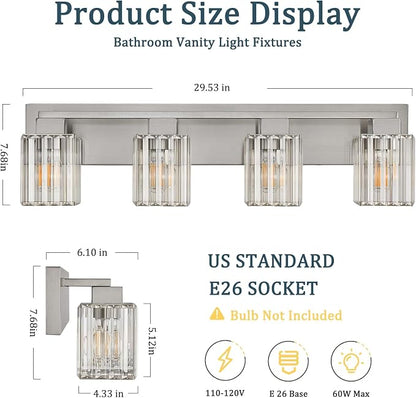 Brushed Nickel Bathroom Light Fixtures, 4-Light Vanity Light Over Mirror | Wall Sconces with Square Crystal Shades, E26 Socket, Modern Vanity Lights for Bathroom (Bulbs Not Included)