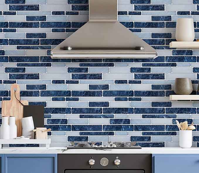 LONGKING Self-Adhesive Kitchen Backsplash, Marble Look Decorative Tiles (10 Tiles) (Dark Blue) | Peel and stick backsplash, self-adhesive wall tile, Dark Blue, marble, waterproof, kitchen bathroom wall, 10 tiles