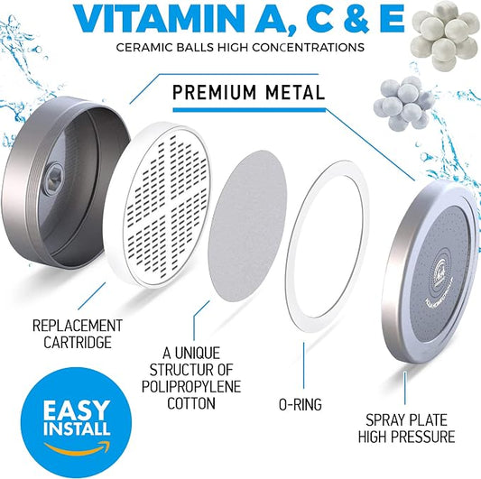 AquaHomeGroup Filtered Shower Head, Chrome, 20+3-Stage, 2 Cartridges | filtered shower head, chrome finish, 20+3-stage filtration, reduces chlorine and odor, high output, wall mounted