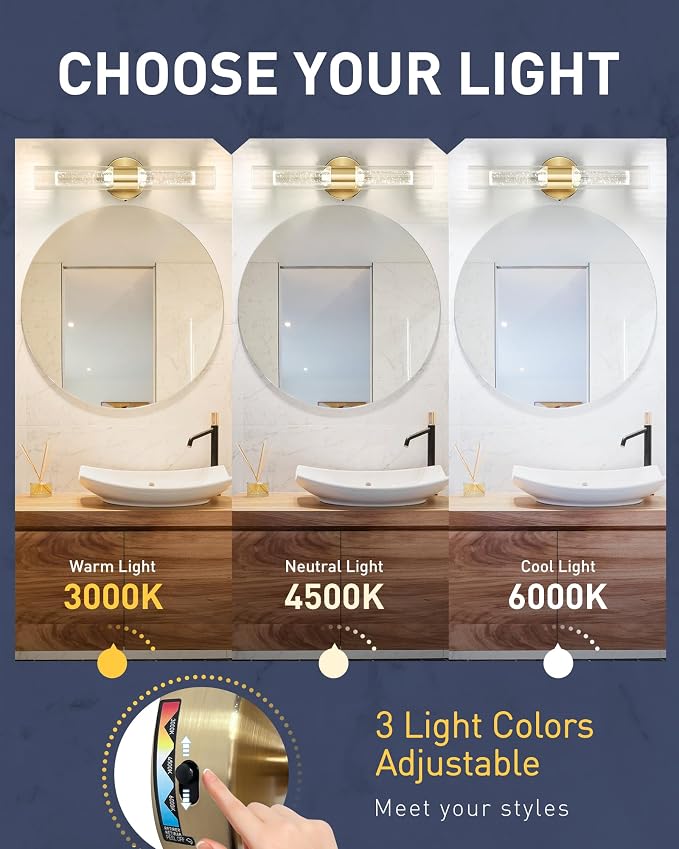 kudos Brushed Gold LED Vanity Light, Crystal Bubble and Clear Glass, 3CCT | 11W, 1000 Lumens,3000K, 4500K and 6000K Selectable, Hardwired, for Bathroom, Bedroom and Over Mirror, KDVL05-GD-2