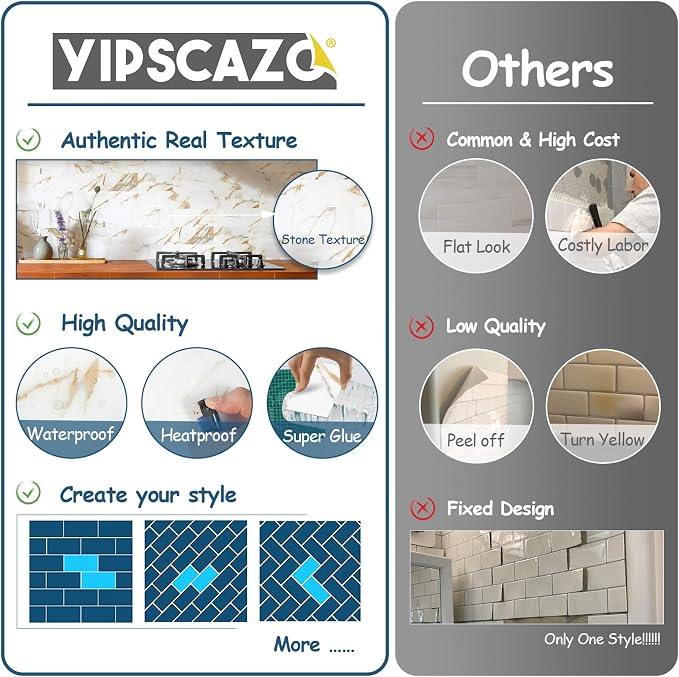 Yipscazo Peel and Stick backsplash 3 x 6 Inches 3D PVC Composite Wall Tile Stick on Backsplash Tile for Kitchen Bathroom, Laundry Room, Fireplace(Calar Gold, 160 Pieces)