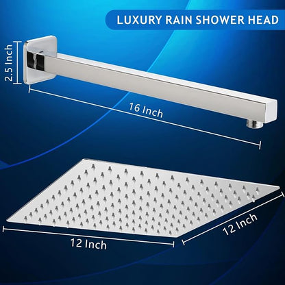 Voolan All Metal Shower Head with Extension Arm, Stainless Steel Waterfall Rainfall Showerheads, High Flow Bathroom Square Rain Shower Head (12’’ Shower Head with 16’’ Shower Arm, Chrome)