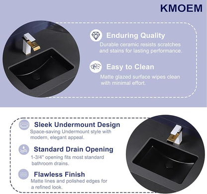 Undermount Bathroom Sink 18x13 Inch Small Bathroom Sink Black Porcelain Ceramic Bathroom Under Counter Lavatory Vanity Sink Basin Rectangular Undermount Sinks with Overflow