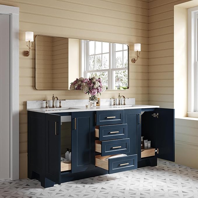 ARIEL Taylor 72-inch Bathroom Vanity with Sink,Solid Wood, 0.75-inch Italian Carrara Marble Countertop, Double Rectangular Porcelain Sink, 4 Soft Closing Doors, 6 Dovetail Drawers, Midnight Blue