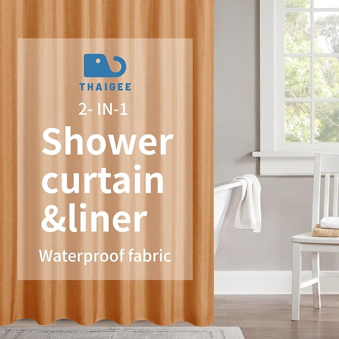 Waterproof Fabric Shower Curtain,No Liner Needed,72x72,Orange | 2-in-1 Design,Linen Textured,100% Waterproof TPU-Laminated Backing,Magnetic Weighted,Machine Washable,For Bathroom,Hotel