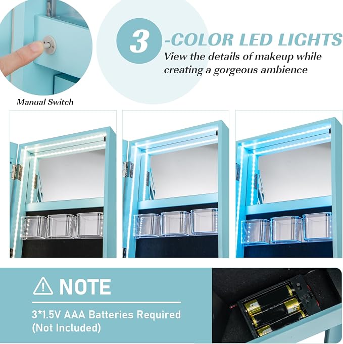 MAT EXPERT 360° Rotating Jewelry Armoire, Lockable Freestanding Jewelry Organizer w/Full-length Mirror, 3-Color LED Lights, Rear Storage Shelves, Mirror Jewelry Cabinet for Bedroom (Sky Blue)