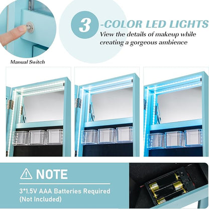 MAT EXPERT 360° Rotating Jewelry Armoire, Lockable Freestanding Jewelry Organizer w/Full-length Mirror, 3-Color LED Lights, Rear Storage Shelves, Mirror Jewelry Cabinet for Bedroom (Sky Blue)