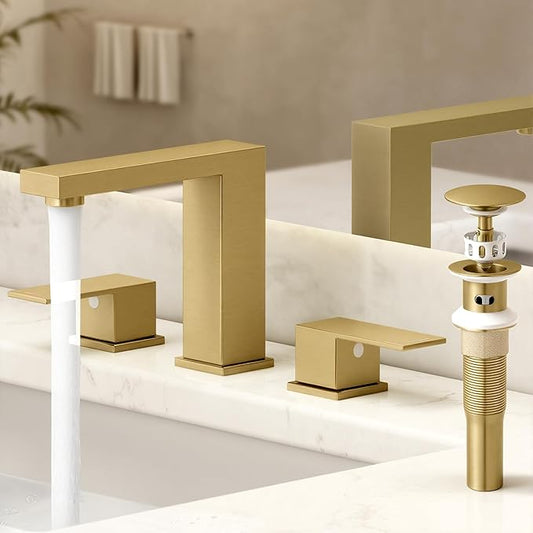 KES Gold Bathroom Faucet 3 Hole with Metal Pop Up Drain w/Overflow, 8-inch Widespread Brushed Gold Sink Faucet for Bathroom Vanity 2 Handle, cUPC Supply Line Included, L4350LFF12-BZ-C1