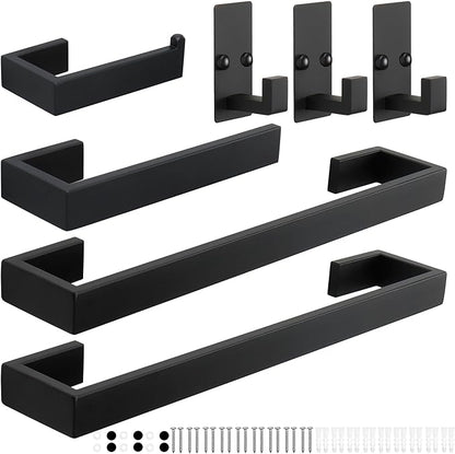 TocTen 7 Pcs Bathroom Hardware Set, Thicken Stainless Steel Towel Bar Set-Includes 2Bath Towel Racks+Towel Holder+Toilet Paper Holder+3 Robe Towel Hooks, Wall Mounted Bathroom Accessories Kit(Black)