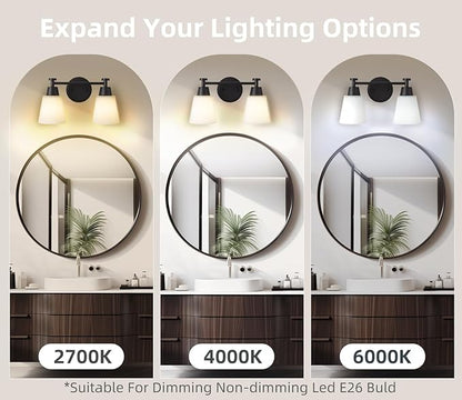 Bathroom Vanity Light, 2 Light Modern Matte Black Stainless Steel Over Mirror Vanity Light Fixture with Frosted Glass, Wall Sconces Lighting for Bedroom Living Room