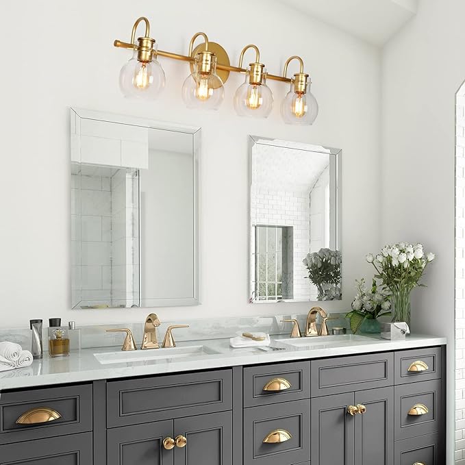 KSANA Bathroom Vanity Light, 4-Light 28.5" Large Gold Bathroom Light Fixtures, Modern Vanity Lights for Bathroom with Globe Clear Glass Shades