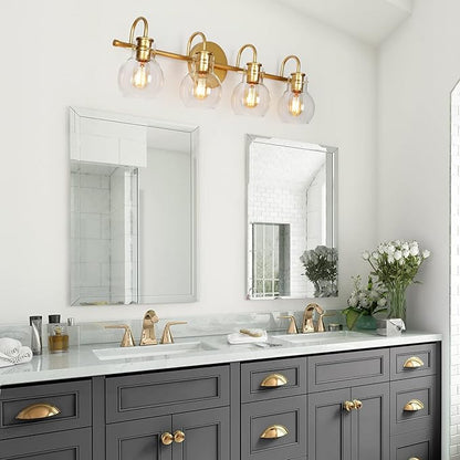 KSANA Bathroom Vanity Light, 4-Light 28.5" Large Gold Bathroom Light Fixtures, Modern Vanity Lights for Bathroom with Globe Clear Glass Shades
