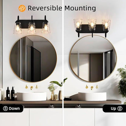 3-Light Bathroom Light Fixtures, Coastal Vanity Lights with Crystal Glass Shade, Black Bathroom Wall Lamp for Mirror Kitchen Hallway Bedroom