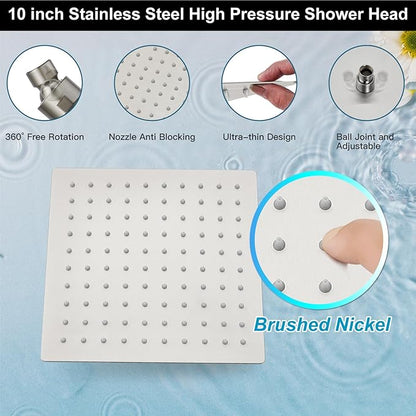 Midanya Shower Faucet Set,Wall Mount Shower System with Square Rain Shower Head and Hand Sprayer, Rough-in Valve Body and Trim Kit Included,10 Inch,Brushed Nickel