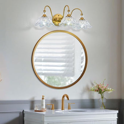 Vintage Bathroom Vanity Light, 3-Light Matte Brass Finish Vanity Light with Flower-Shaped Rainbow Glass Shades, Retro Wall Sconce for Bathroom