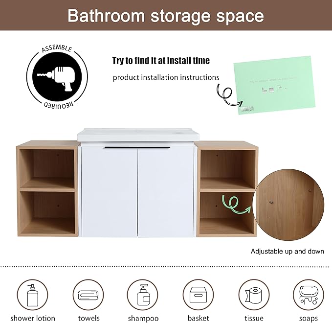 Malwee 48" Floating Bathroom Vanity with White Ceramic Basin Sink Top, 48 Inch Single Sink Wall Mounted Bathroom Vanity, with 2 Doors and 2 Storage Shelves.MA07448
