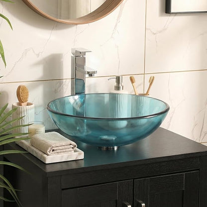 Bathroom Vessel Sink, Tempered Glass Vanity Round Bowl with Chrome Faucet and Pop up drain Set, Blue