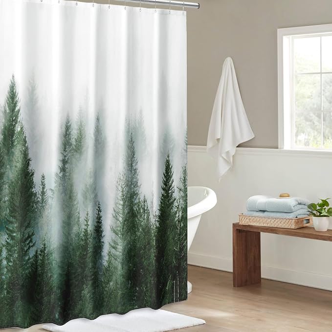 ORTIGIA 78 Inch Green Misty Forest Shower Curtain for Bathroom, Nature Woodland Shower Curtain Set with Hooks, Decorative Pine Tree Fog Magic Bath Curtain, Waterproof Fabric, Weighted, 72x78