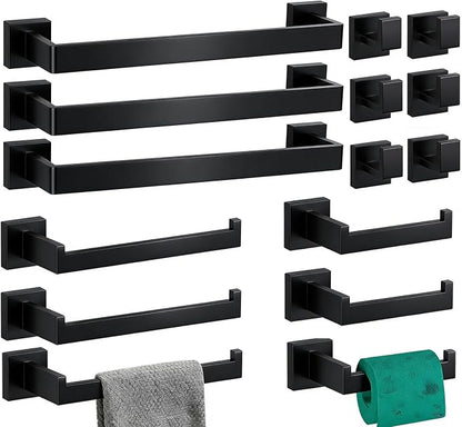 15-Pieces Bathroom Hardware Set Matte Black Bathroom Accessories Set SUS304 Towel Bar Set Includes 3 Towel Bar 16 Inch+3 Towel Holder+3 Toilet Paper Holder+6 Towel Hooks(15, Matte Black, 16 Inch)