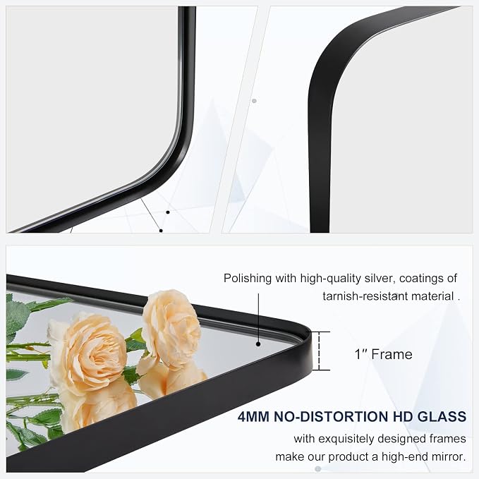 22" x 60" Full Length Wall Mirror, Large Black Mirror for Bathroom, Rounded Corner Rectangle Body Mirror for Floor and Leaning