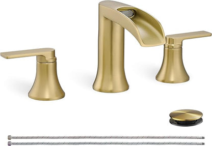 Brushed Gold Bathroom Faucet 3 Hole, 4-8 Inch Brass Widespread Waterfall Bathroom Sink Faucets with Pop Up Drain and cUPC Supply Line, 2 Handles for Vanity, Lavatory, Restroom, Apartment, Modern