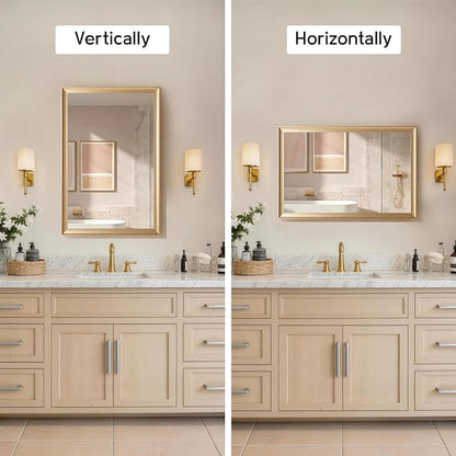 2 Pack Brushed Gold Bathroom Mirrors for Over Sink, 24x36 Inch | Champagne Gold Rectangle Vanity Mirror for Bedroom, Entryway, Living Room Decor, Aluminum Framed, Curved Wide Edge