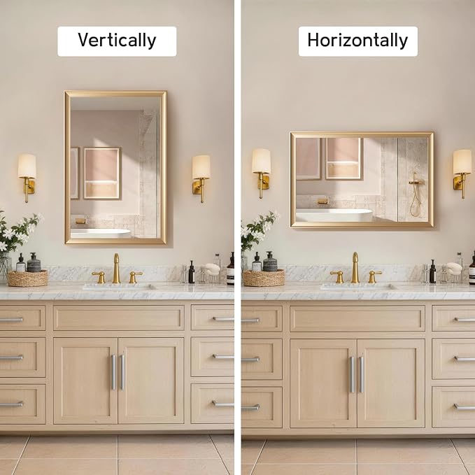 Gold Bathroom Mirror 24x36 Inch, Rectangle Vanity Mirror | Brushed Champagne Gold Mirror for Wall, Bedroom, Entryway, Living Room, Aluminum Framed, Curved Wide Edge
