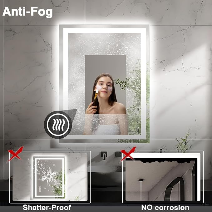 EchosLife 20"x28" LED Bathroom Mirrors for Wall | Backlit + Front Lit, Anti-Fog, Stepless Dimmable, 3 Colors, Memory, Tempered Glass, UL Listed, Horizontal/Vertical