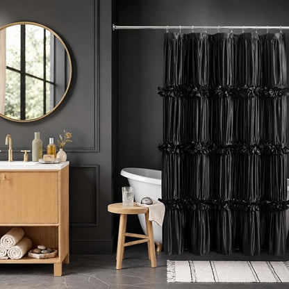 Black Ruffle Shower Curtain 60" W x 72" L Stall Size | Vintage Handcrafted Bow Tie, Ruched Satin Bathroom Curtain with 10 Buttonholes, Machine Washable and Dry Quickly (LQ-10)