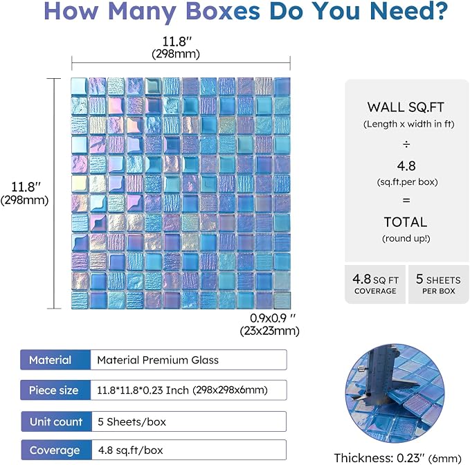 Pool Glass Mosaic Tiles, Iridescent Blue, 1 Inch Sqaure, 5 Sheets | Glass Tile for Swimming Pool, Kitchen Backsplash, Shower, Bathroom Wall, Waterline, Fountain