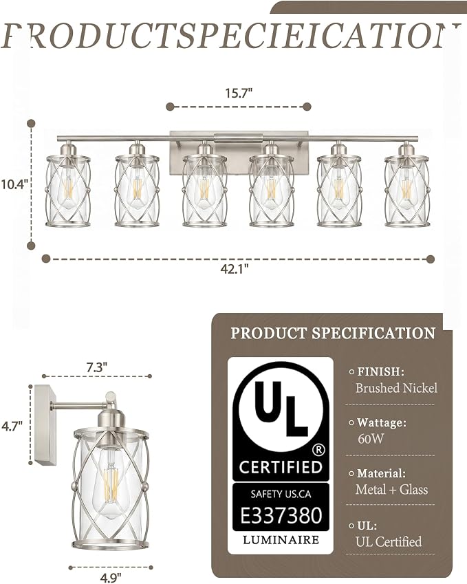 6-Light Brushed Nickel Bathroom Light Fixtures Over Mirror, 42" UL-Listed Modern Wall Sconce Lights with Clear Glass and Metal Cage for Bath, Hardwire E26, CH9176BN-6W
