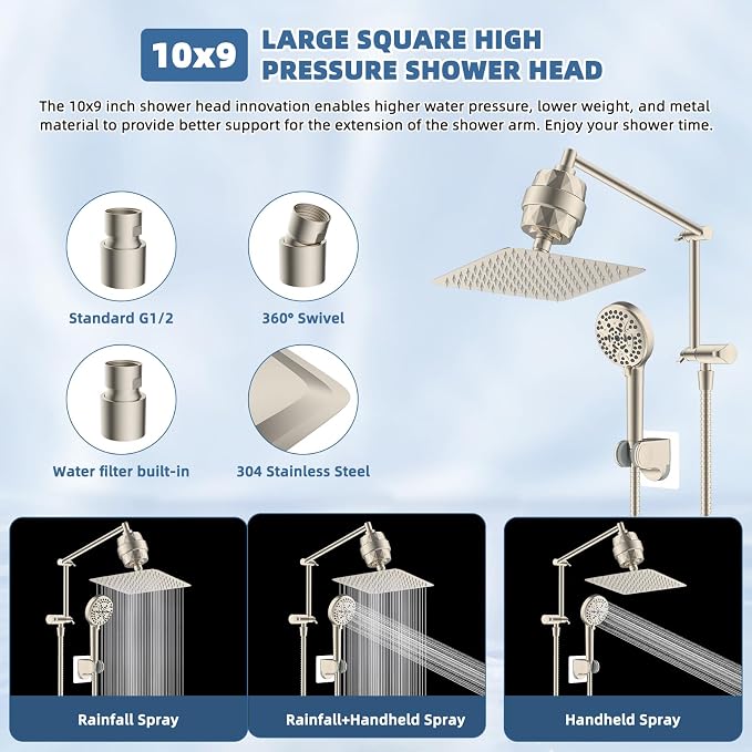 Metal Rain Filtered Shower Head with Handheld, 10" High-Pressure,10-Mode | Brushed Nickel, Rainfall Showerhead with 5" Handheld Powerful Wash, Adjustable 16" Extension Arm/71" Hose, 20-Stage Filter